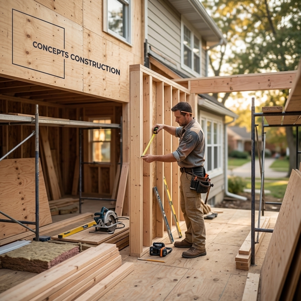 A Concepts Construction carpenter measuring a new stud wall during the framing stage of a home addition, with the existing house behind him