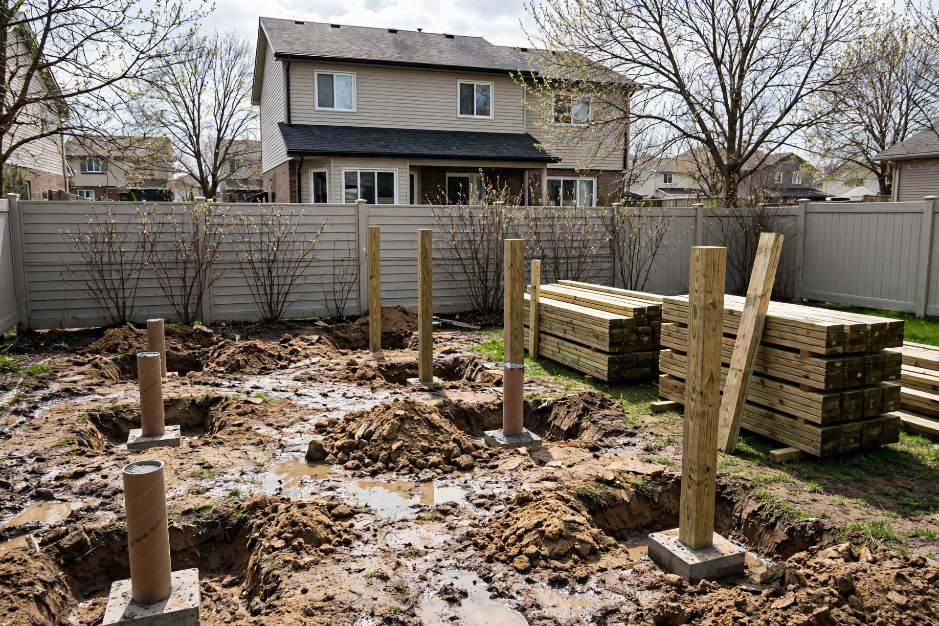 Deck footings going in on a spring job: sonotube forms and posts set on concrete piers, with stacks of pressure-treated lumber in a muddy backyard