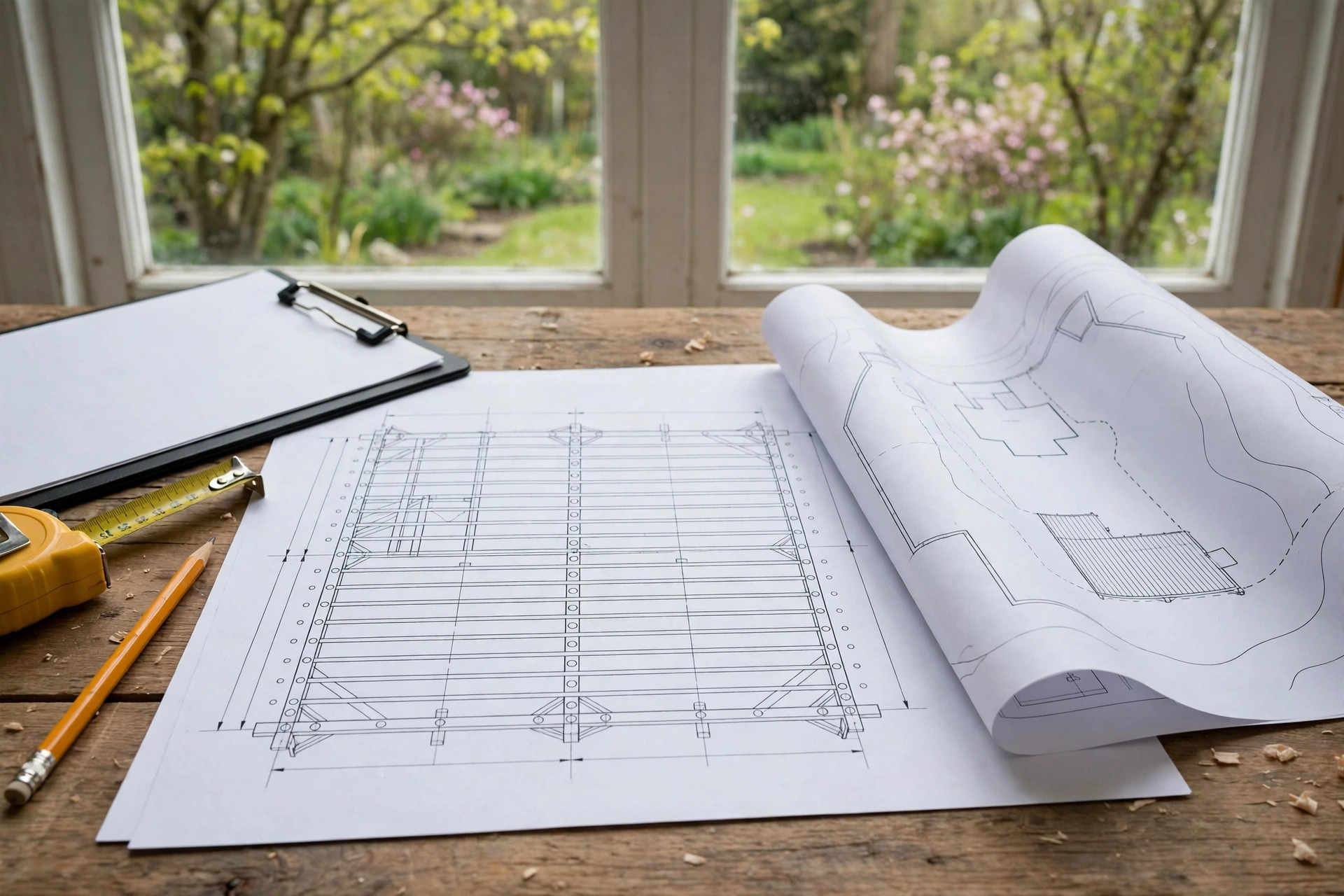 A deck framing drawing and site plan spread on a work table with a tape measure, carpenter’s pencil, and clipboard, with a spring garden through the window