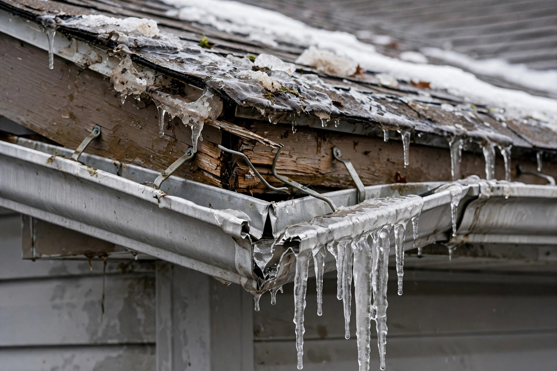 Close-up of an eavestrough pulled away from a rotted fascia board by winter ice, with bent hangers and icicles hanging from a split seam