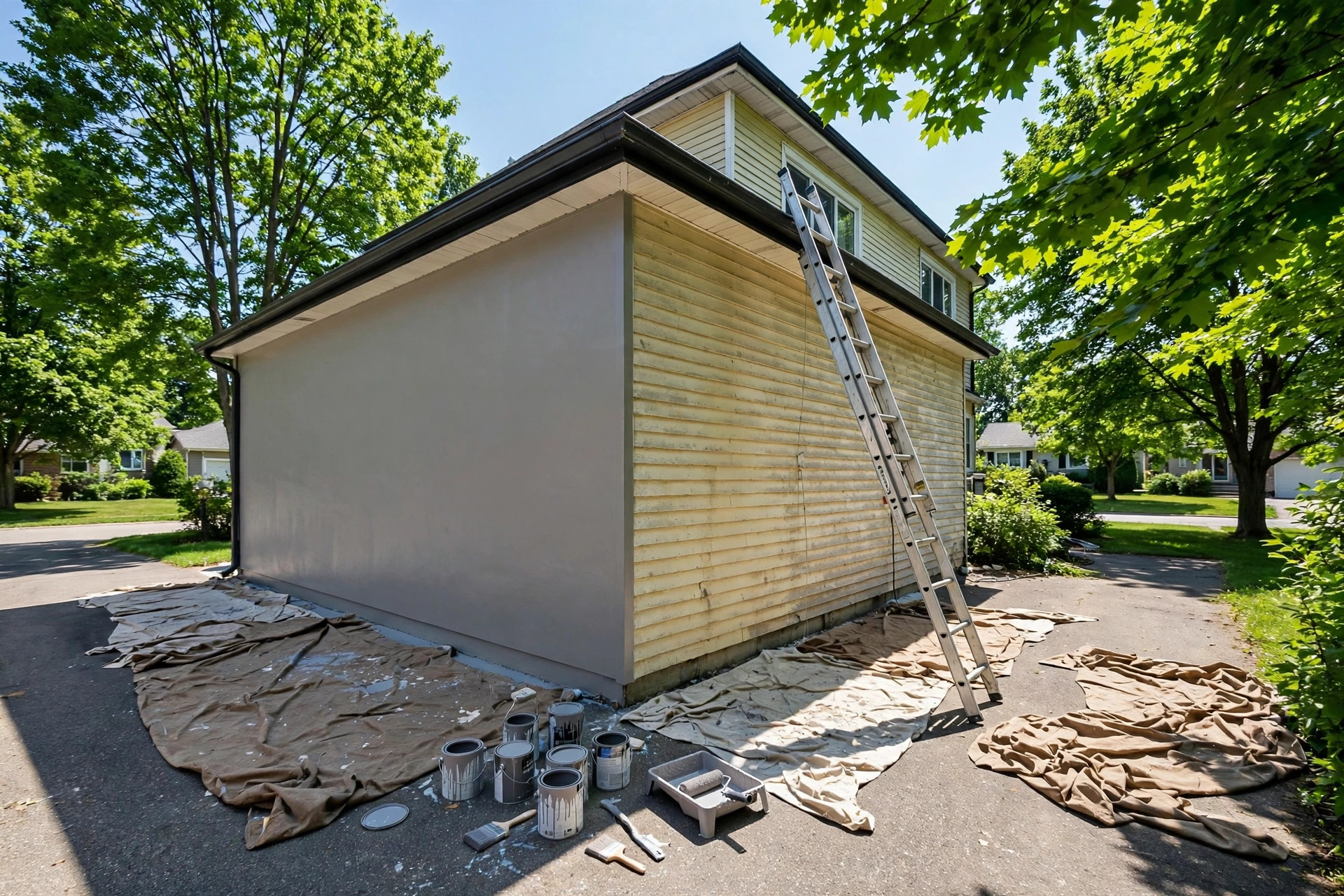 Exterior painting in progress in summer: one wall of a suburban home freshly painted warm grey, the next still faded yellow, with a ladder, paint cans, and drop sheets below