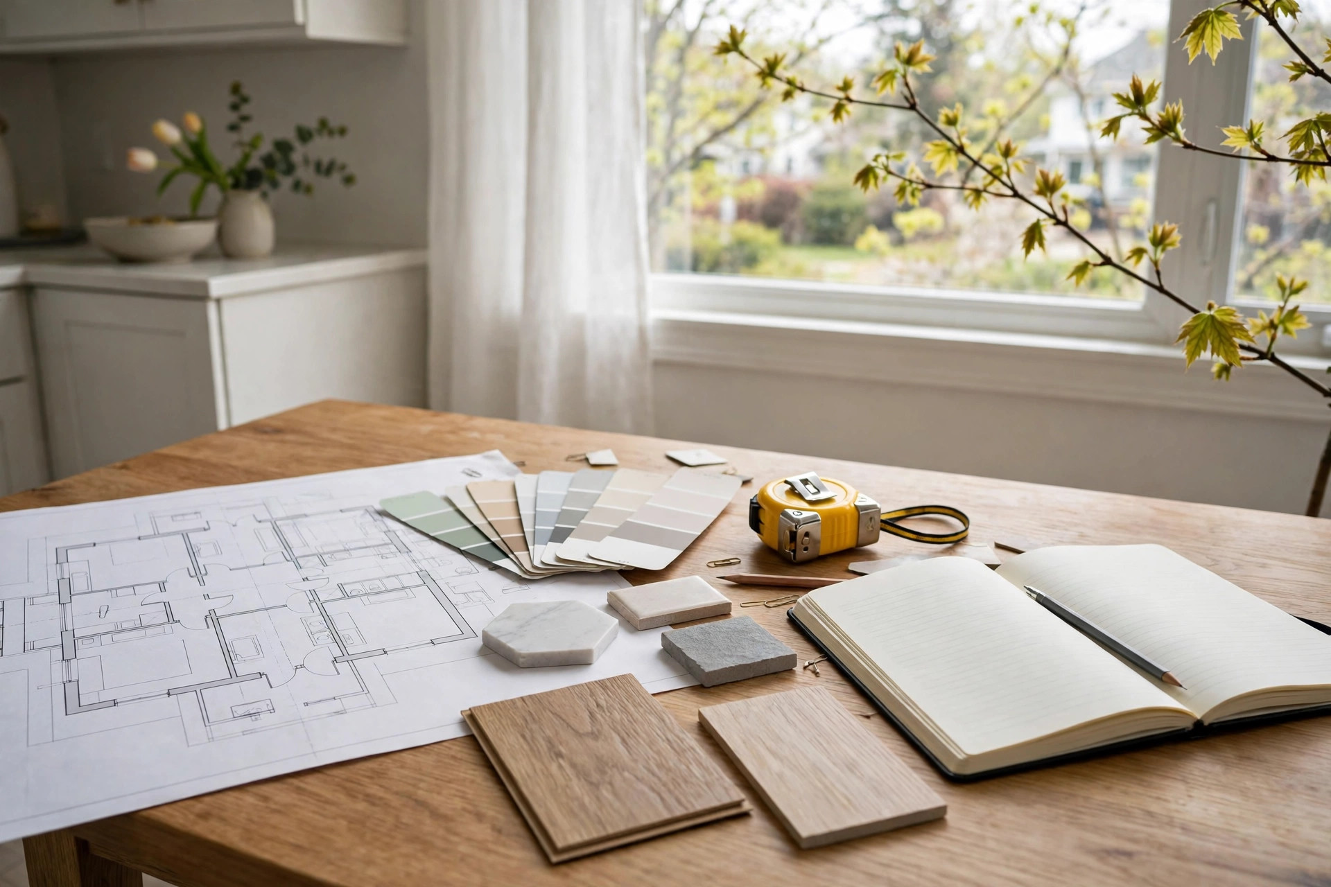 Renovation floor plans, paint swatches, tile and flooring samples, and a tape measure spread on a kitchen table at a spring design meeting