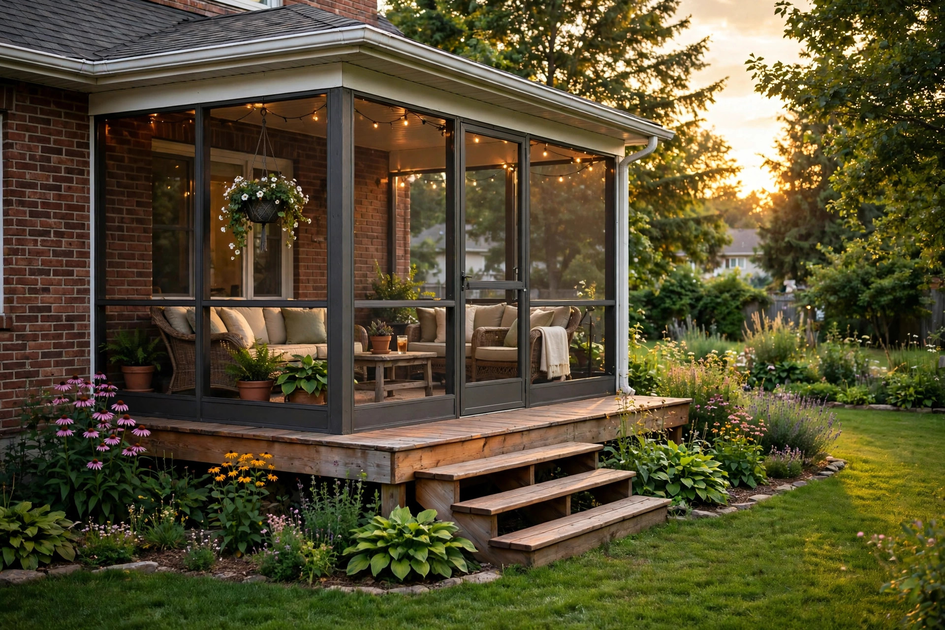 A screened porch on the back of a brick suburban home on a summer evening, with patio furniture and a hanging plant inside the screens and the garden in full bloom