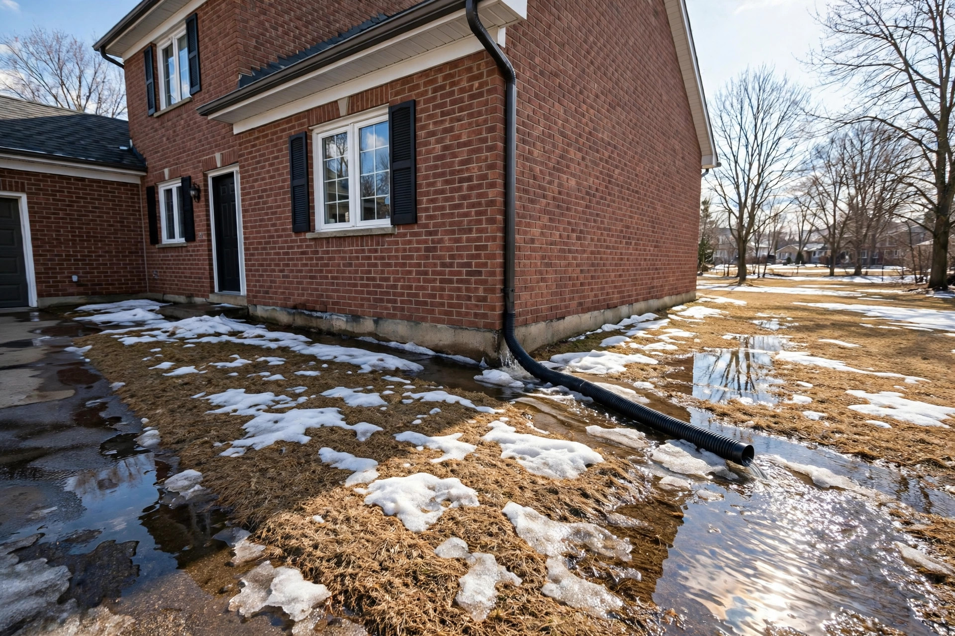 Melt water pooling against the foundation of a brick suburban home during the spring thaw, a downspout extension draining across patchy snow