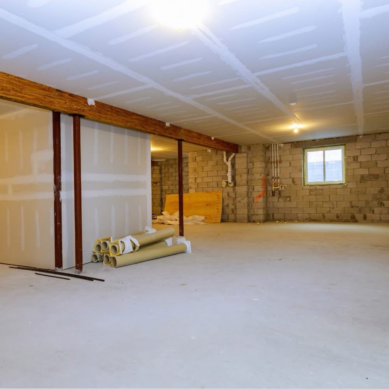 Renovation in progress at the drywall stage